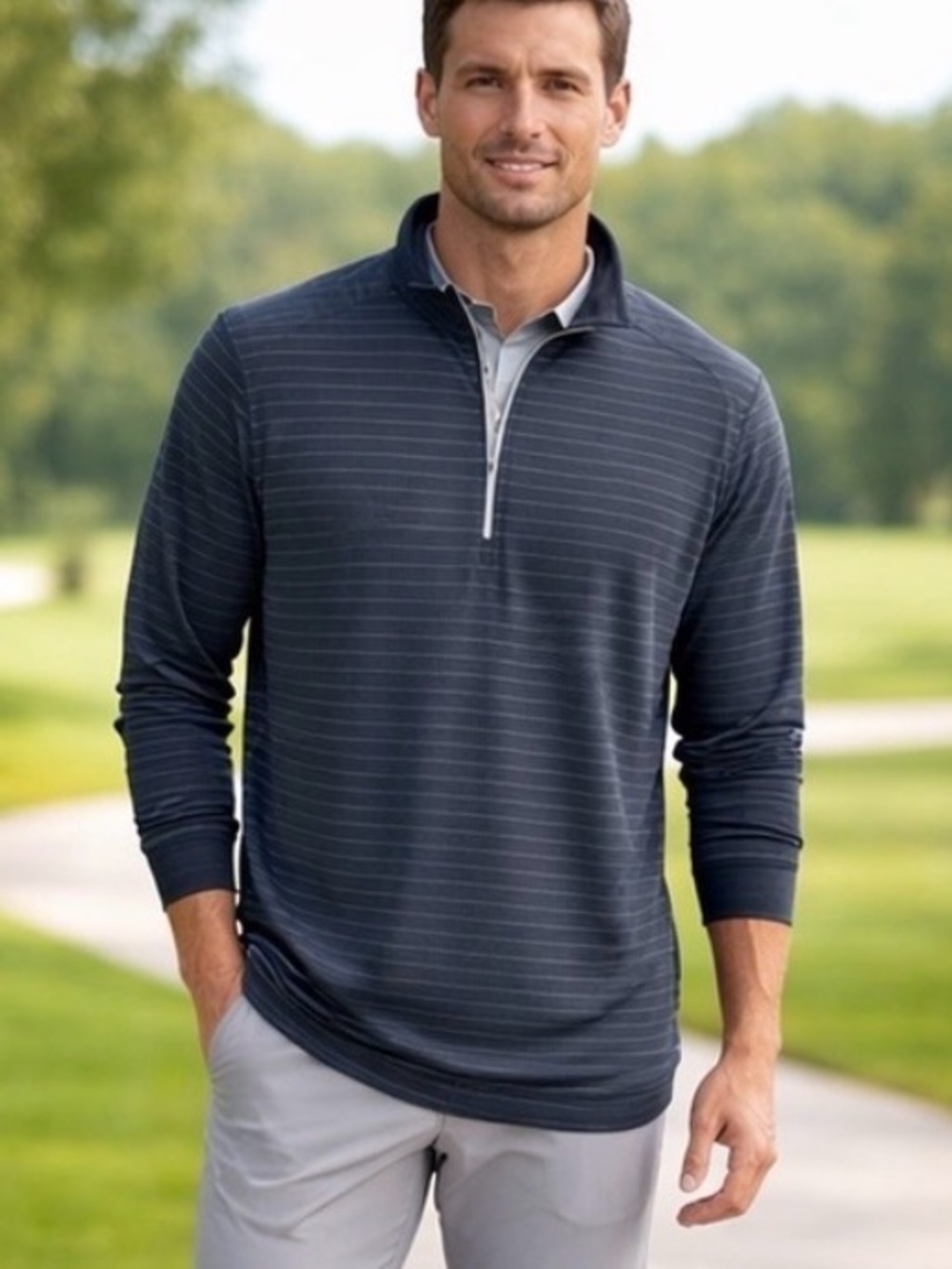 Tommy Armour Golf Gray Stripe Pullover 1/4 Zip Extra-Long Dri Logic Long Sleeve